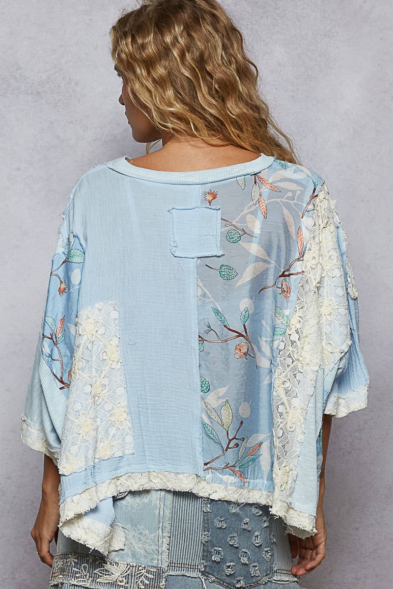 Round Neck Double Gauze Floral Woven Top