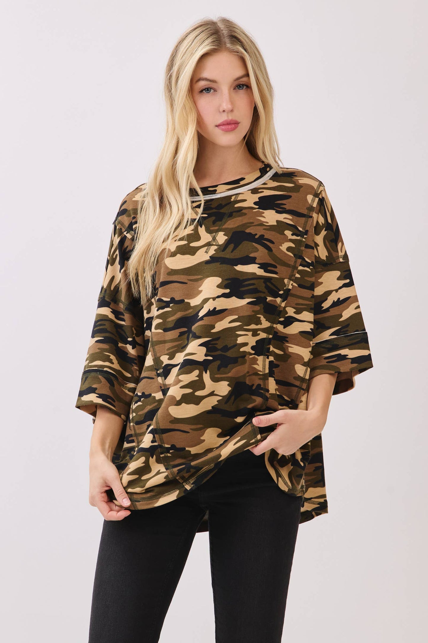 Relaxed Camo Stitch Detail Top