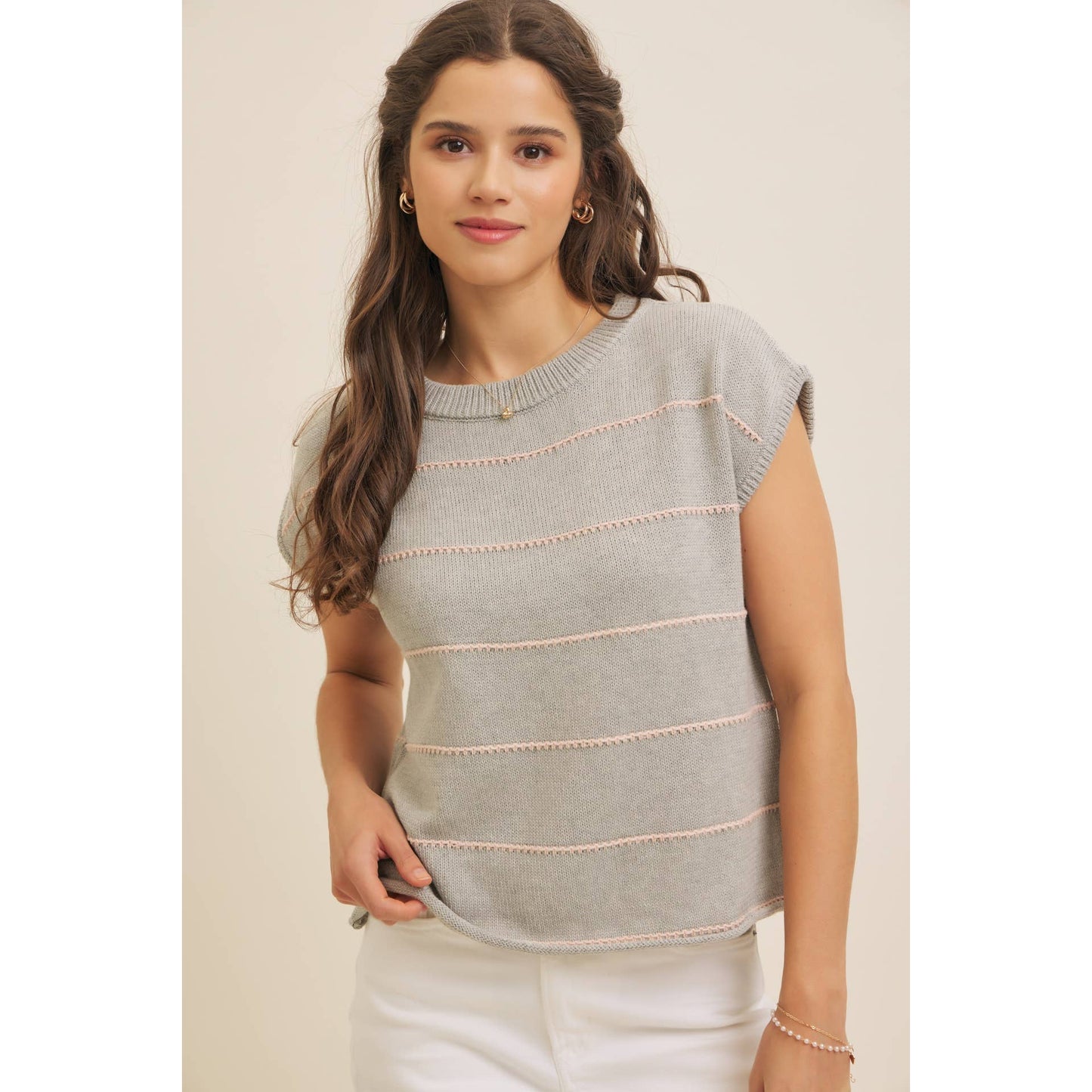 STITCH DETAILED STRIPE SWEATER TOP
