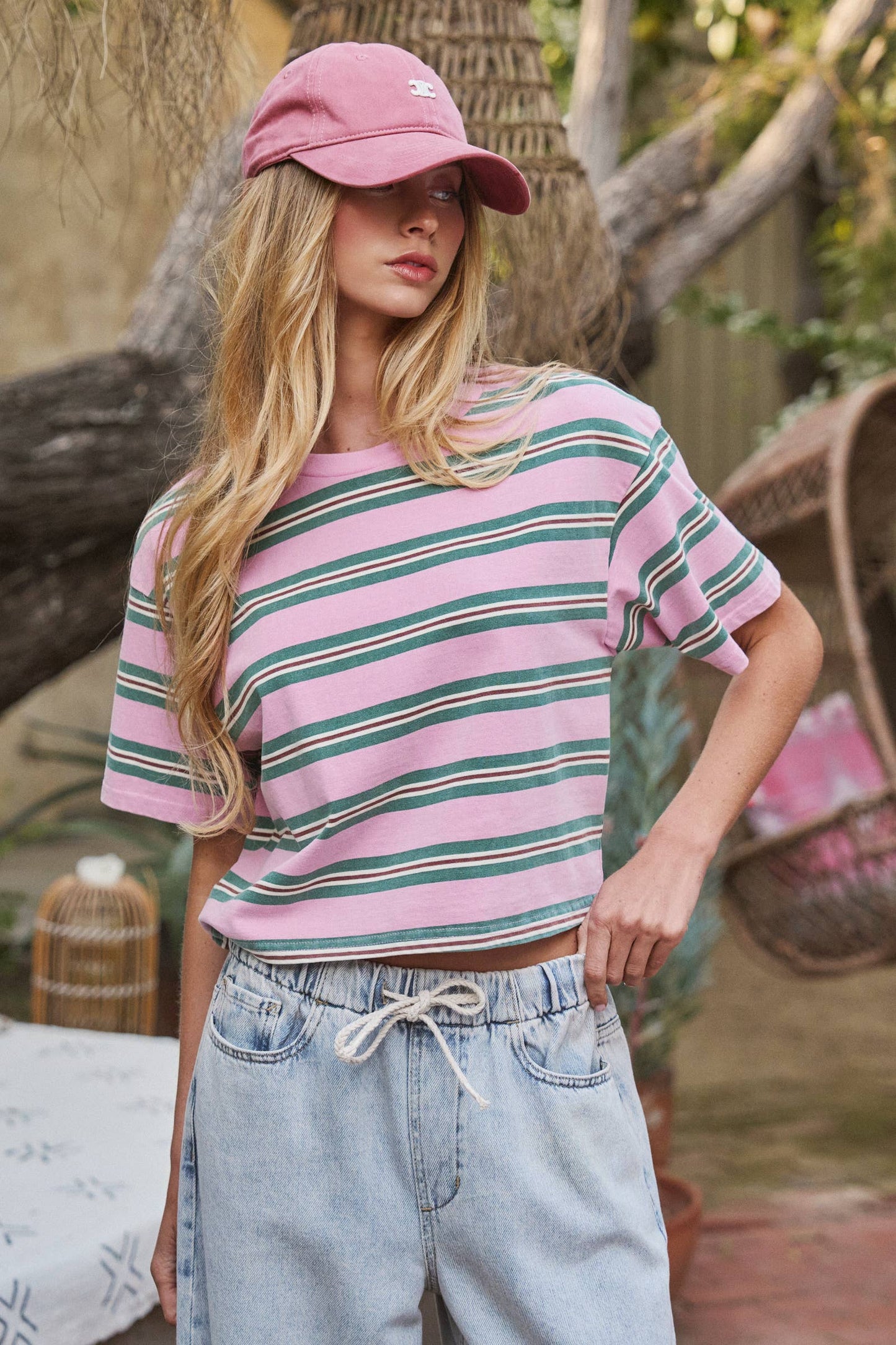 Urban Daizy - Vintage Washed Striped Cotton Crop Tee