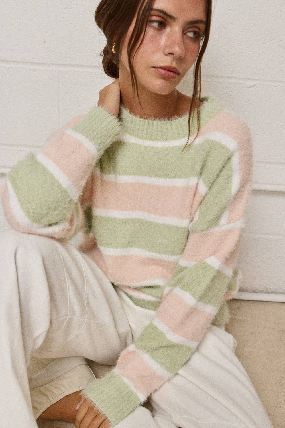 PT19021 - Loose Fit Striped Fuzzy Knit Sweater Top