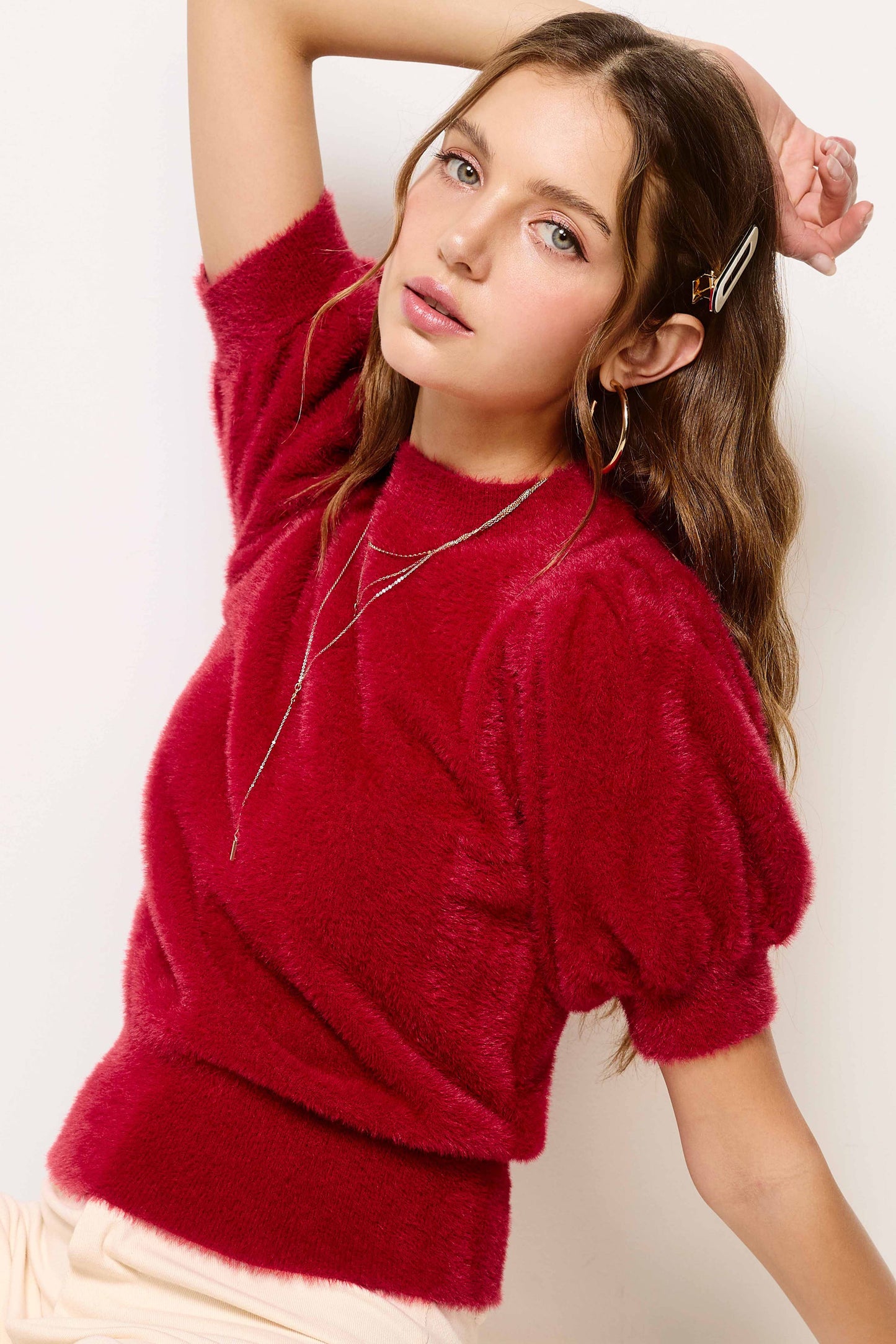 JCS3554-Soft Mohair Puff Short Sleeve Knit Top