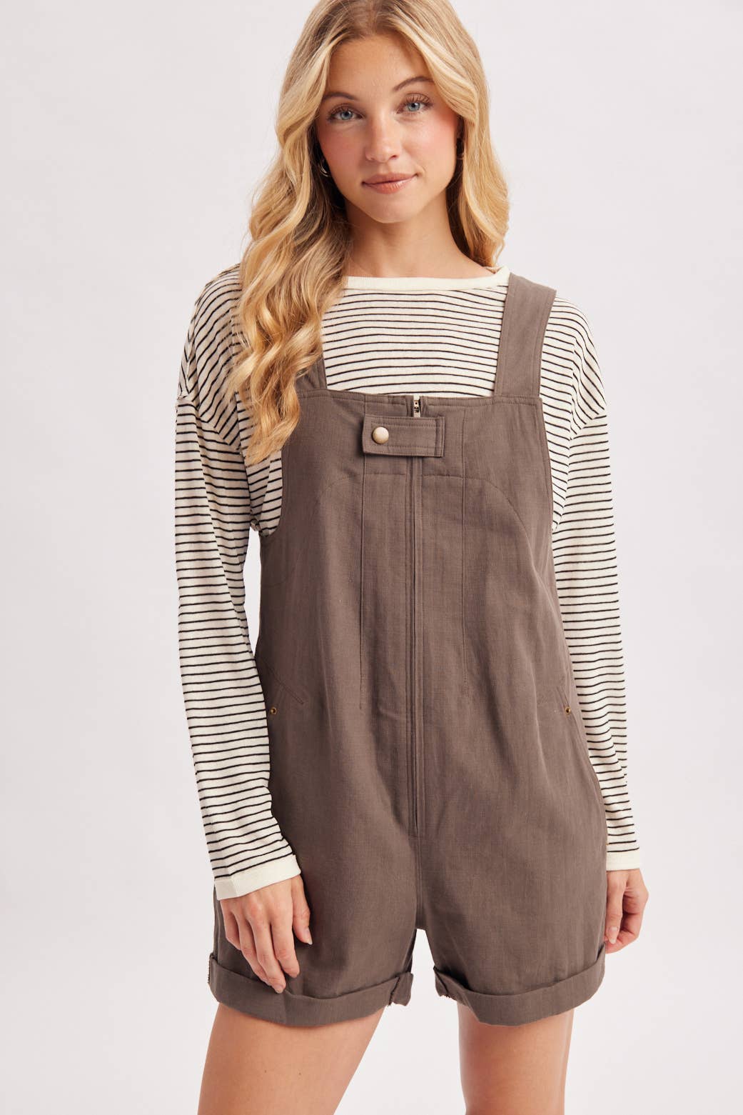 ZIPPER FRONT SNAP BUTTON SQUARE NECK SHORTALLS
