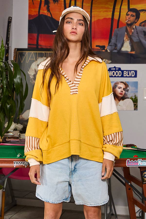 T2004 French Terry Knit Color-block Collared Loose Fit Top