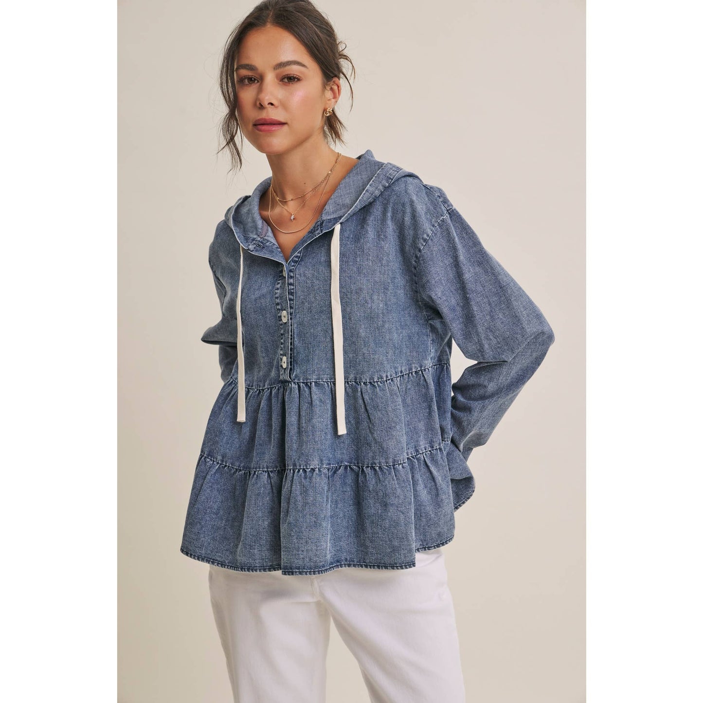 in february - DUSTY ROAD MINERAL-WASHED HOODED TIERED RUFFLES DENIM TOP