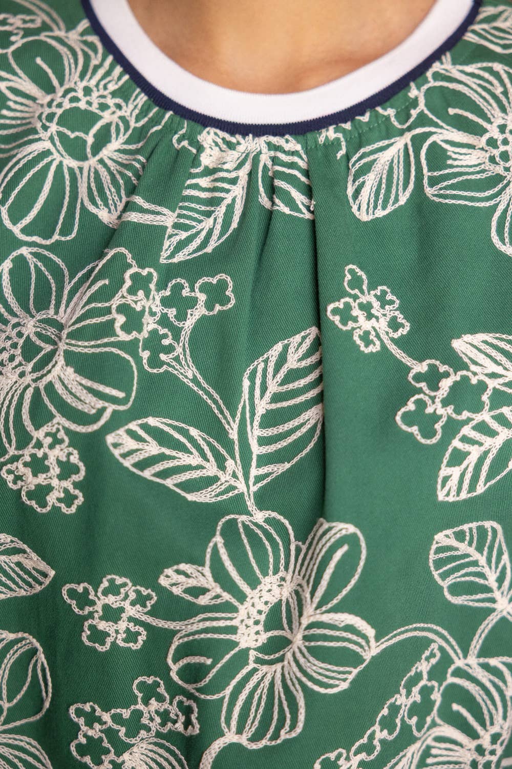 VOY - 36770 Striped Rib Band Detail Floral Embroidered Top