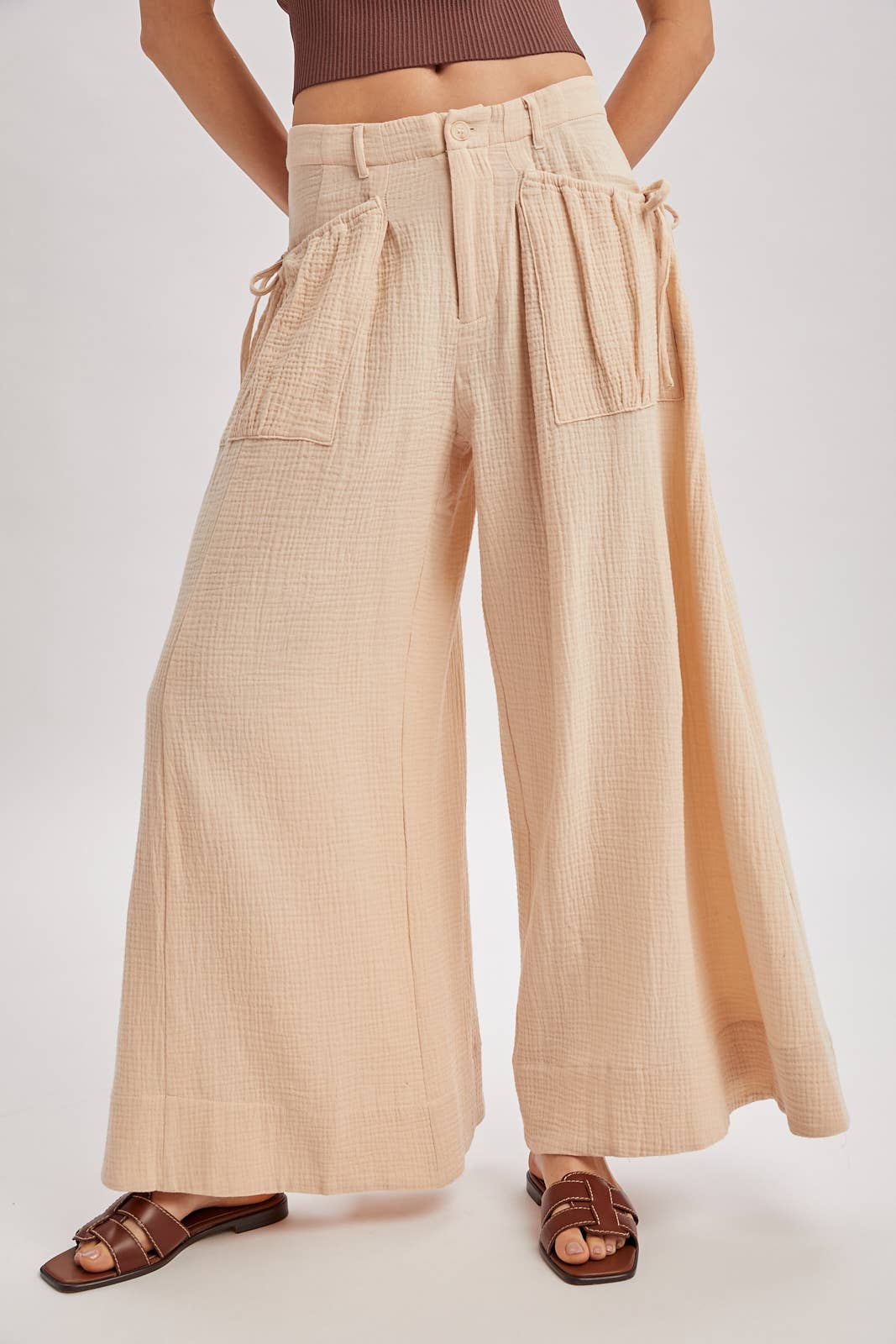 Bluivy - DRAWSTRING PATCH POCKETS WIDE LEG PANTS