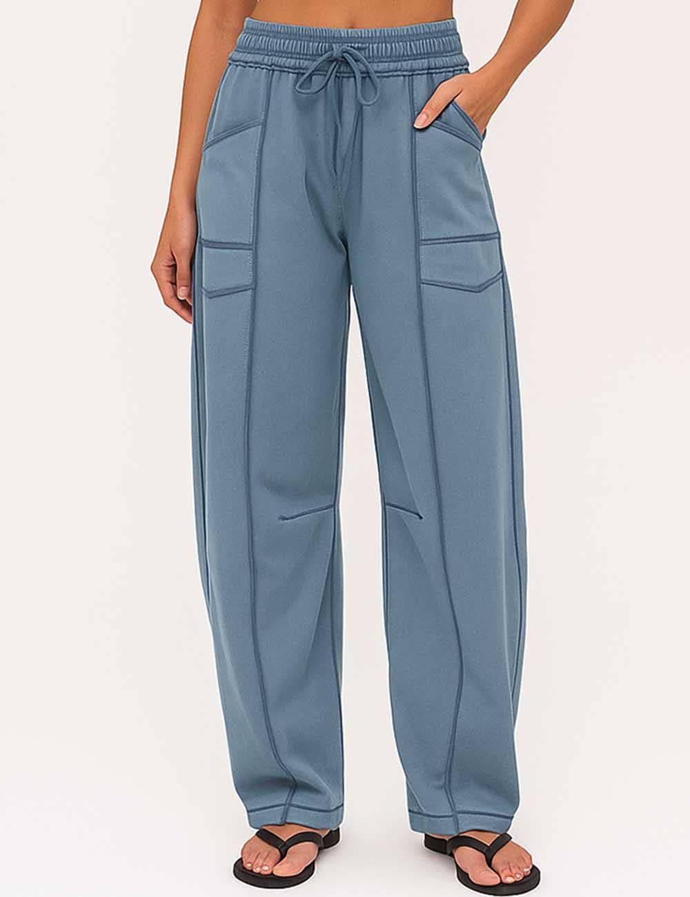 Ladies Contrast Stitching Elastic Waist Drawstring Barrel Pants