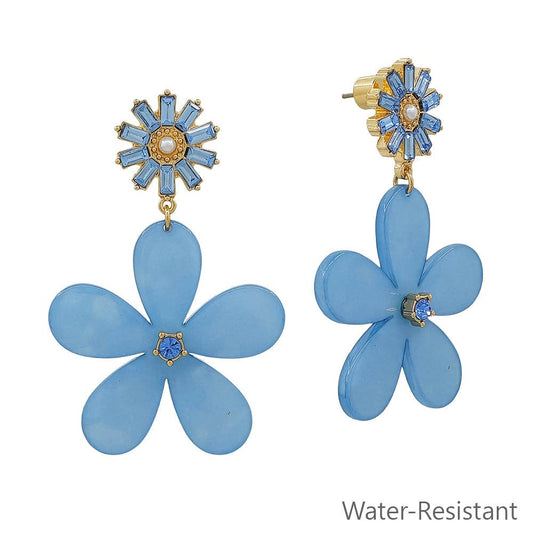 What's Hot - Water Resistant Blue Acrylic Flower Studded 1.5" Drop Earring