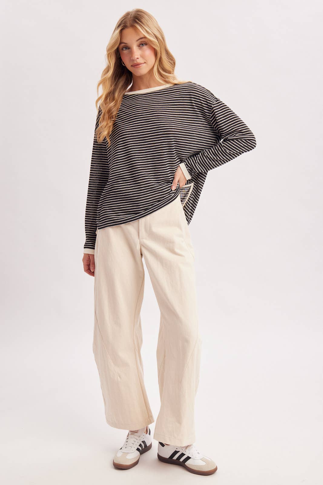 OVERSIZED BOXY STRIPED KNIT LONG SLEEVE TOP