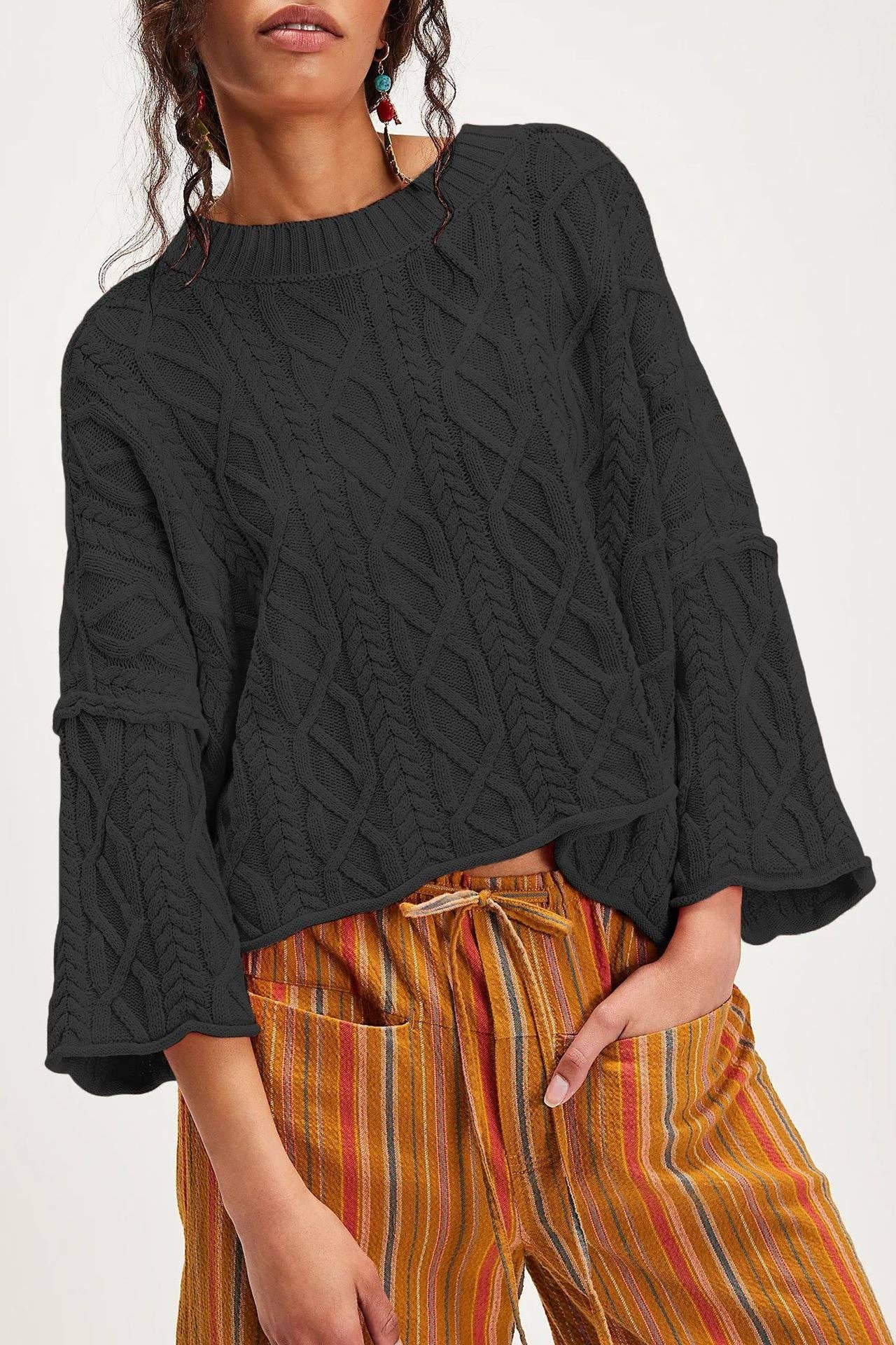 Chunky Cable Knit Crop Sweater–Loose Boho Crewneck Pullover