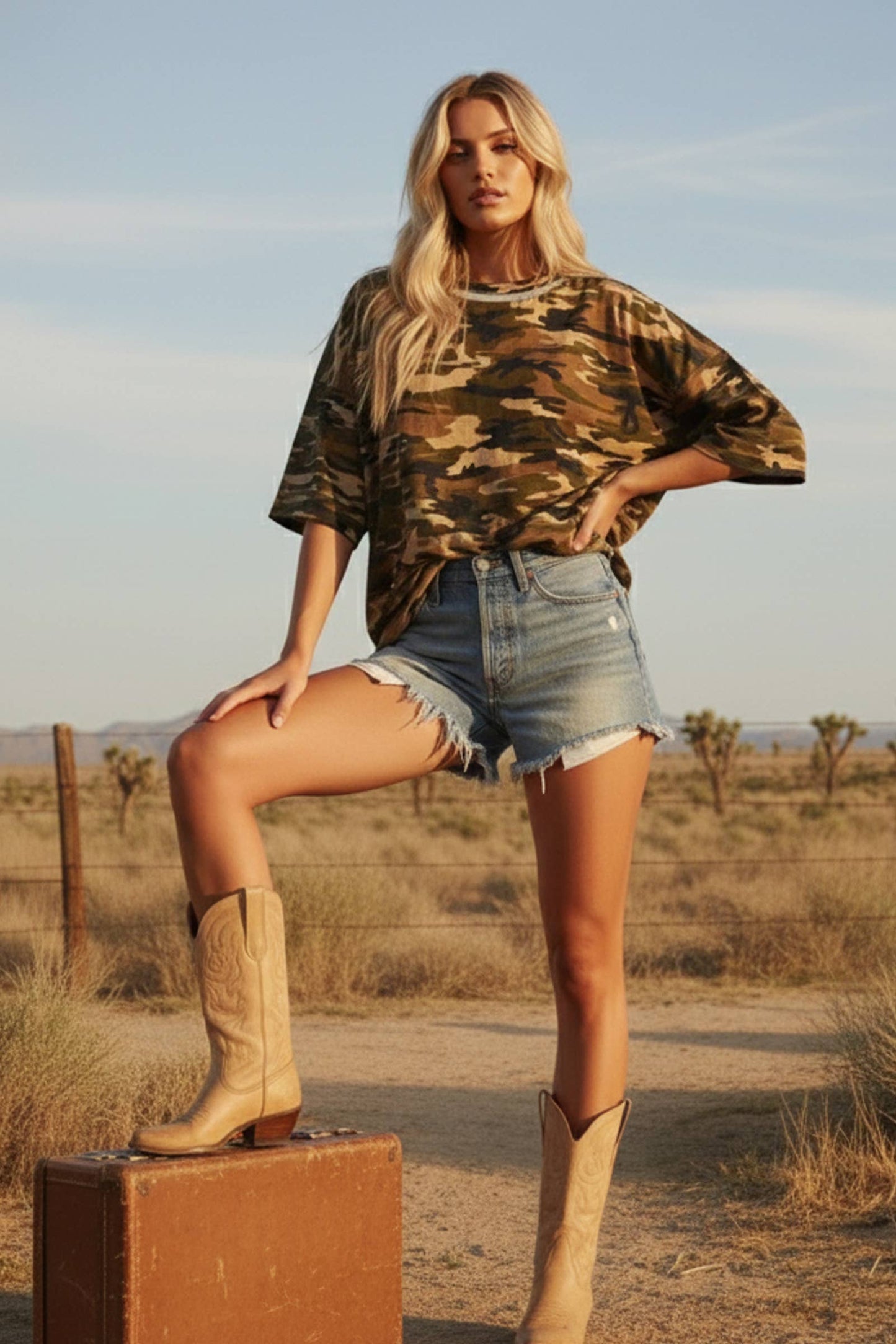 Relaxed Camo Stitch Detail Top