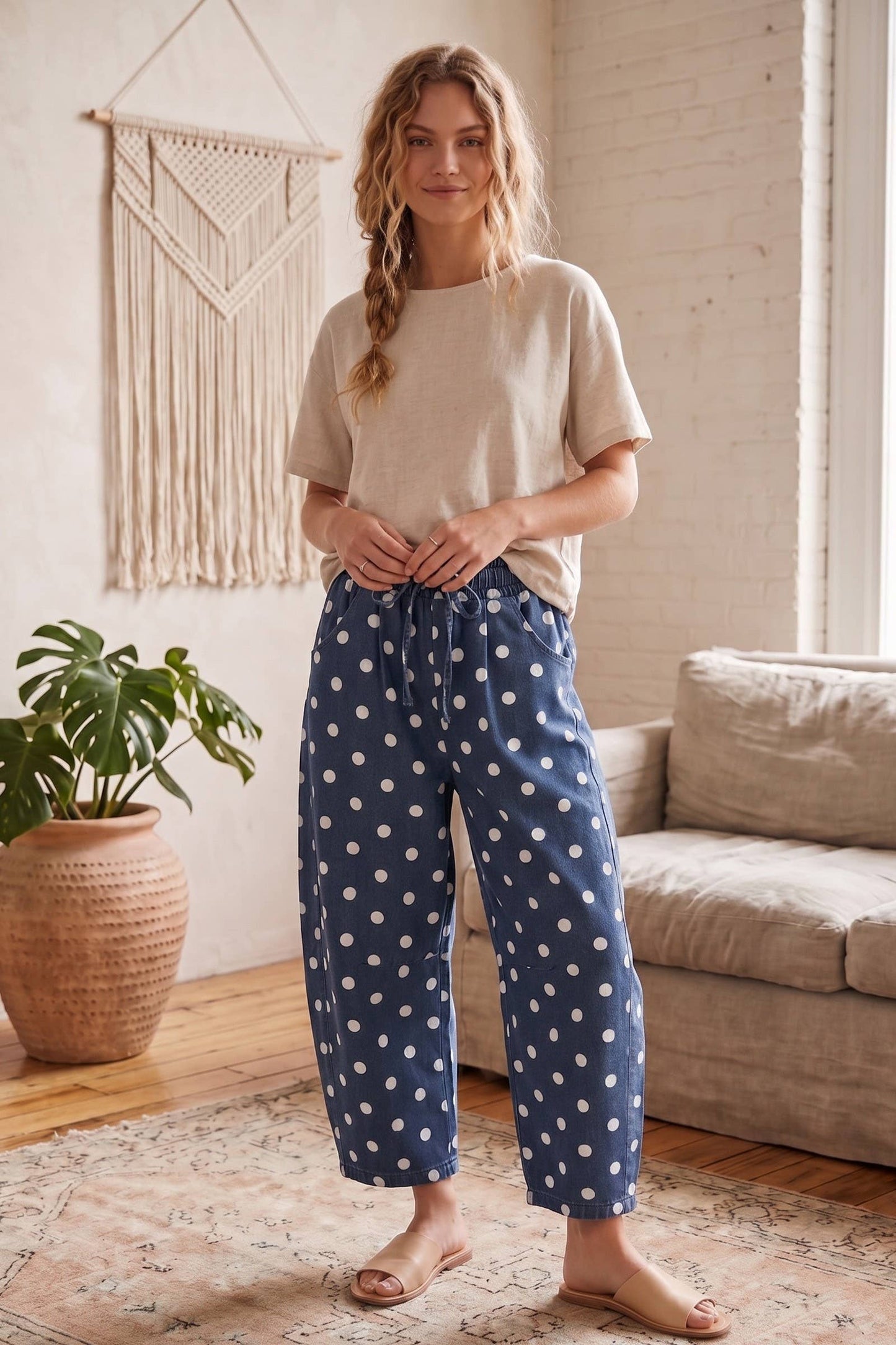Denim Barrel Pants with dots