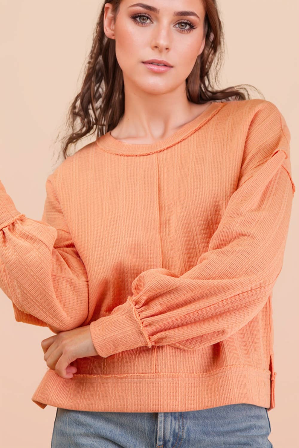 VERY J - NT12413-Raw Edge Detail Oversized Textured Knit Top