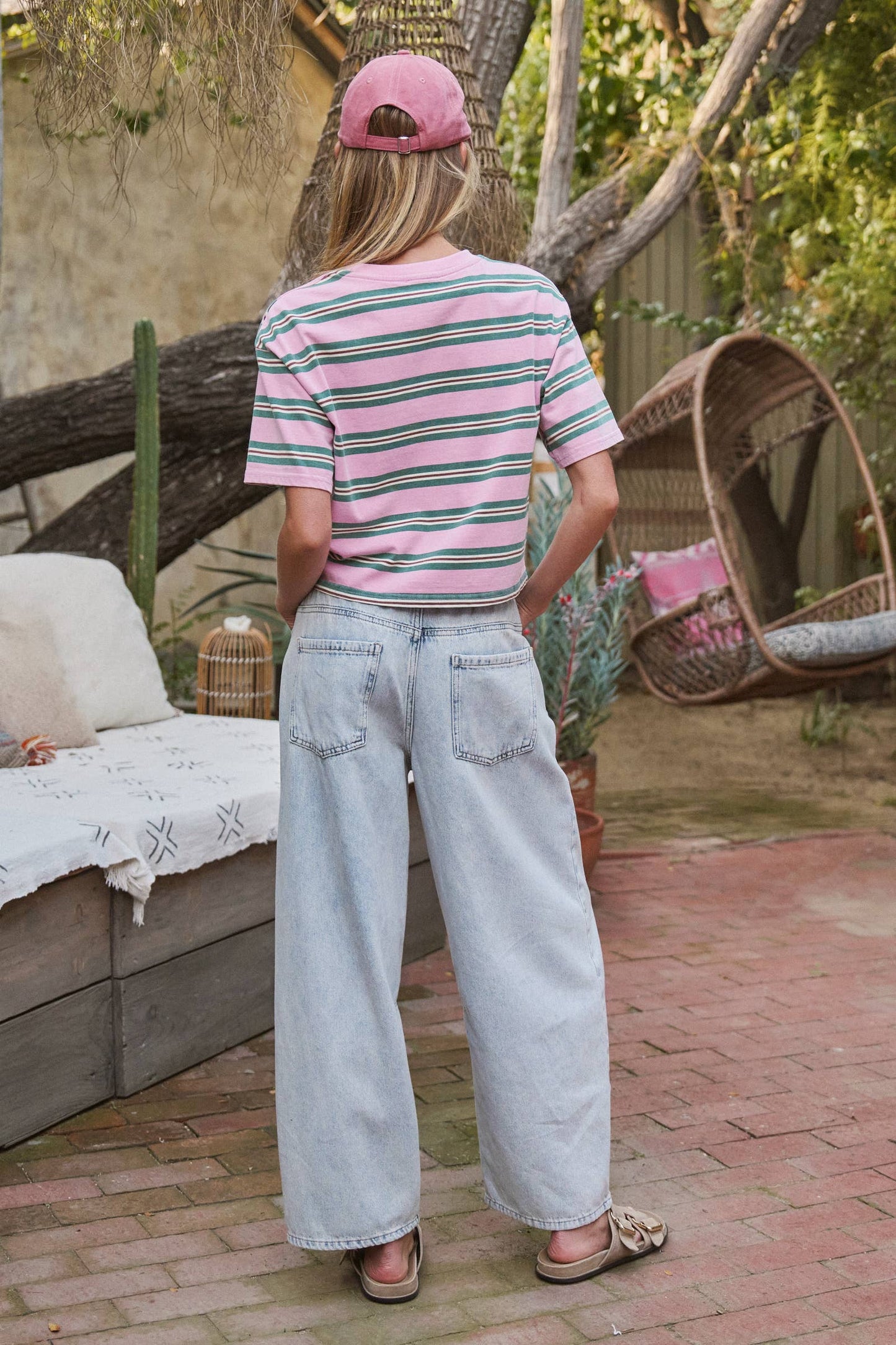 Urban Daizy - Vintage Washed Striped Cotton Crop Tee