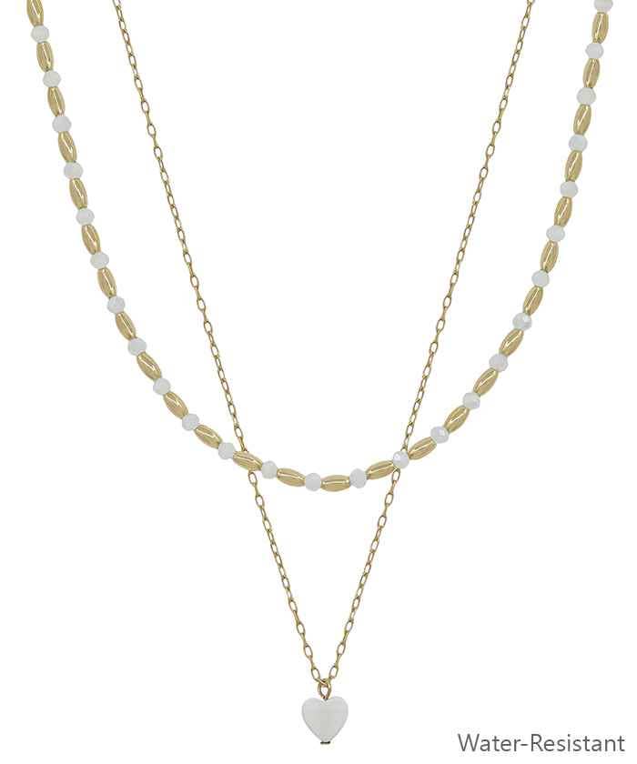 What's Hot - Gold Beaded and White Layered Heart 16"-18" Necklace