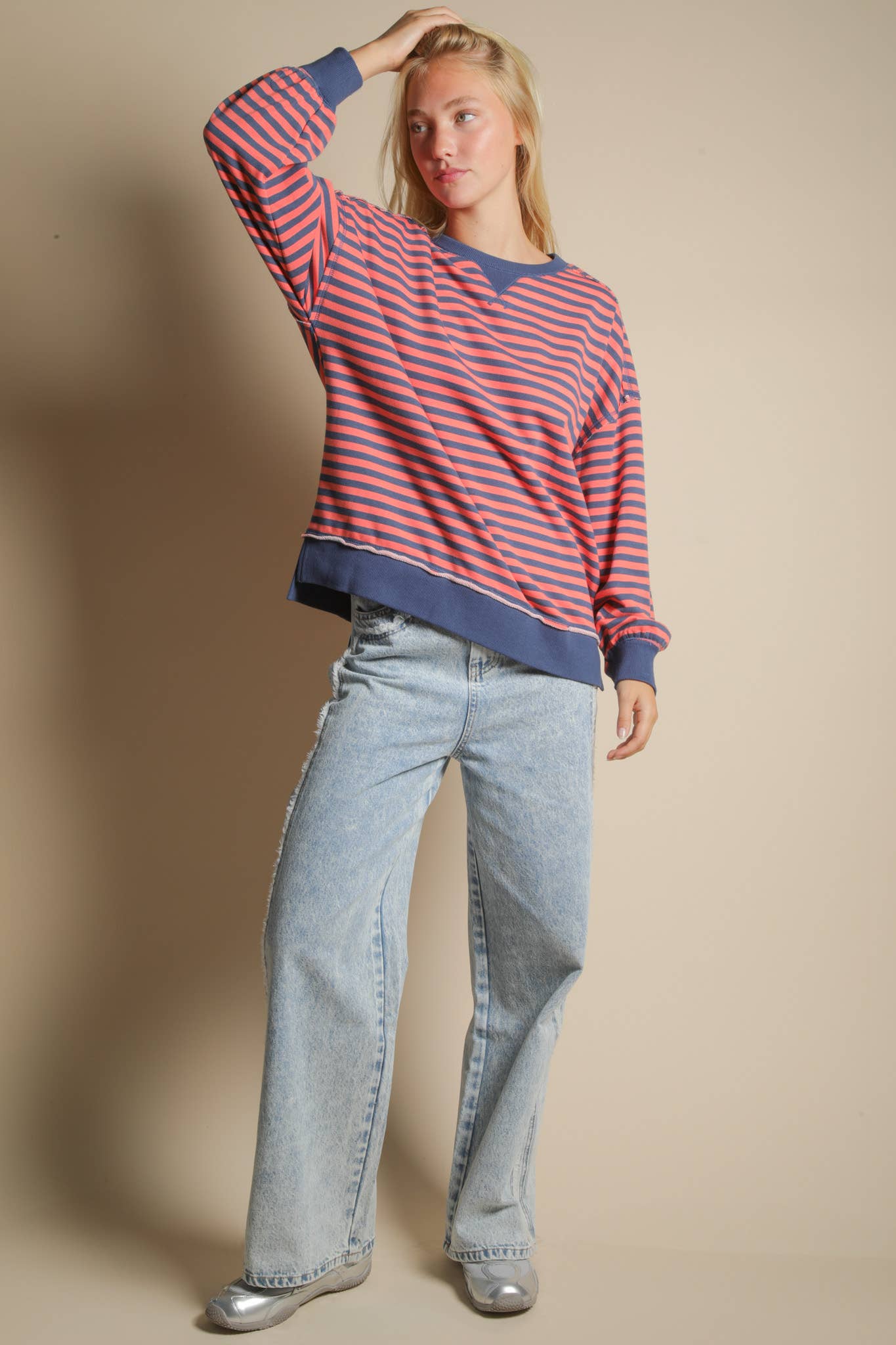 NT11927-Stripe Comfy Casual Oversized Knit Top