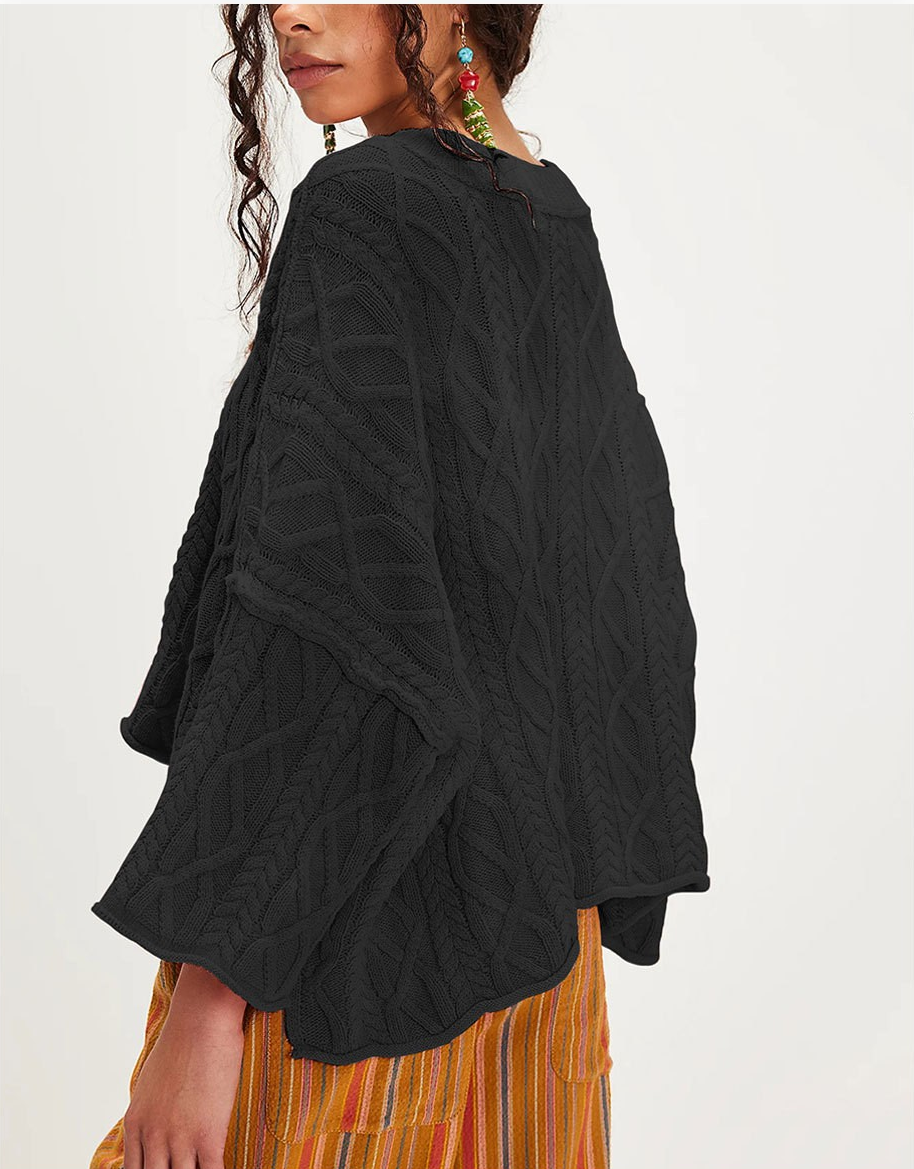 Chunky Cable Knit Crop Sweater–Loose Boho Crewneck Pullover