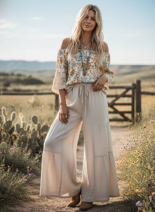 Linen Blend Tiered Wide Leg Palazzo Pants