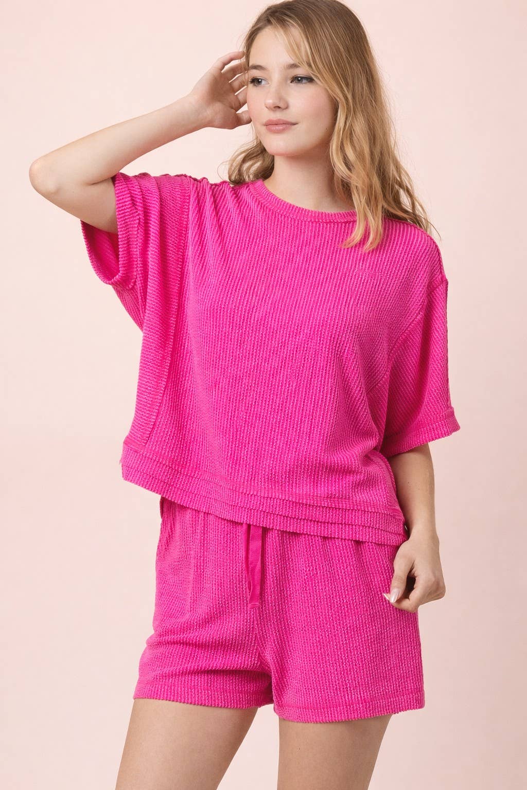 VERY J - NT12686SET-Ribbed Knit Comfy Top & Shorts Set