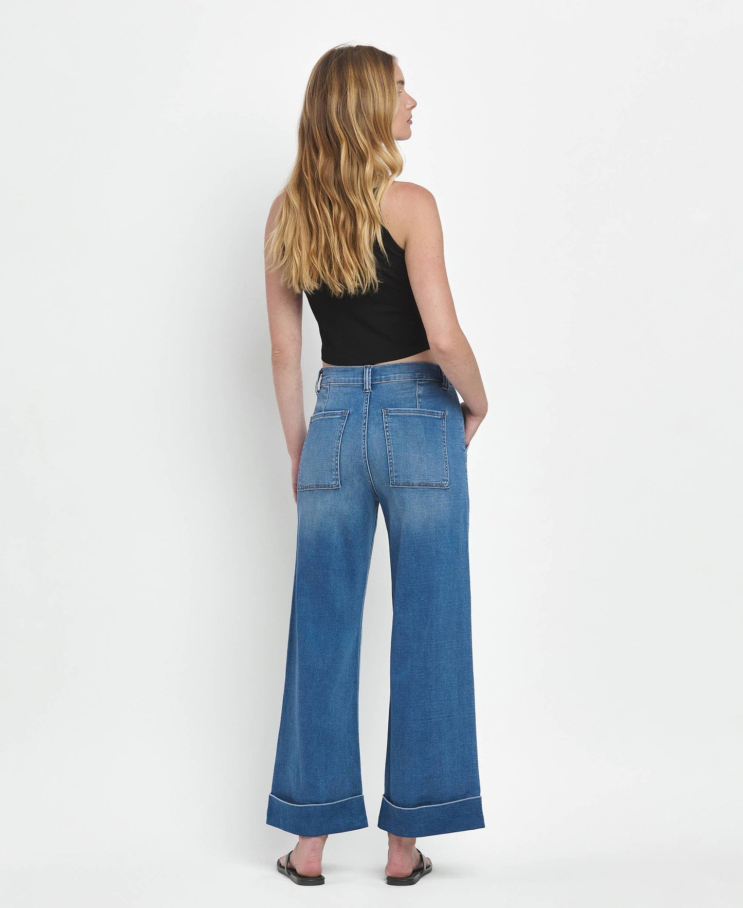HIGH RISE DOUBLE CUFFED BAGGY WIDE JEANS V3589