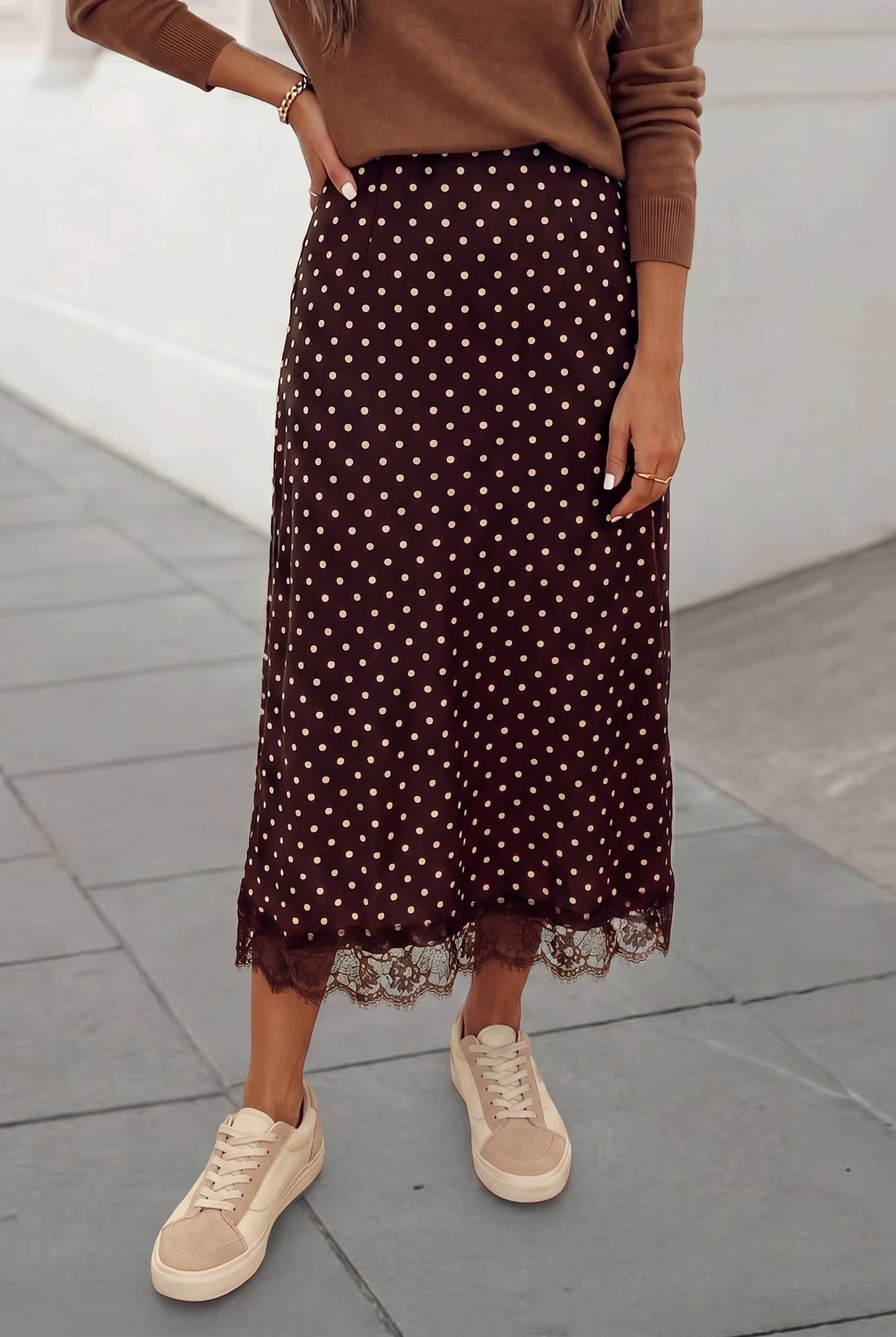 Aapparella - Polka Dot Pirnt Lace Hem Elegant Shift Midi Skirt | S-XL