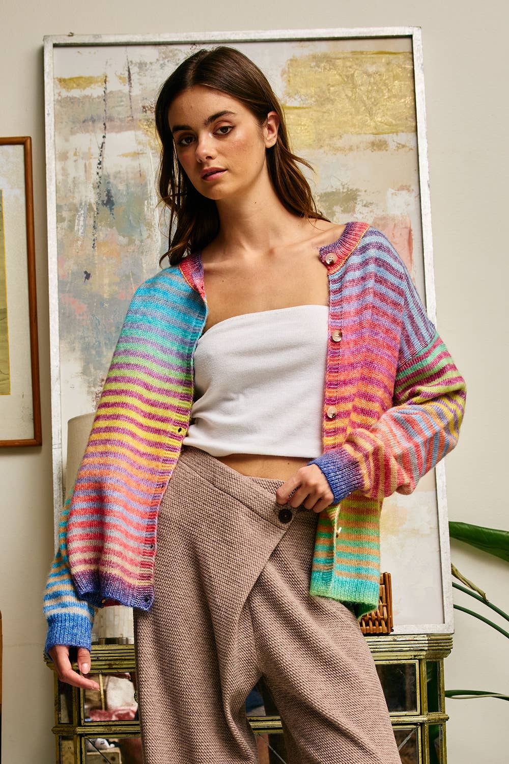 BUCKETLIST INC - IT3002 Space-Dye Striped Button-Down Cardigan