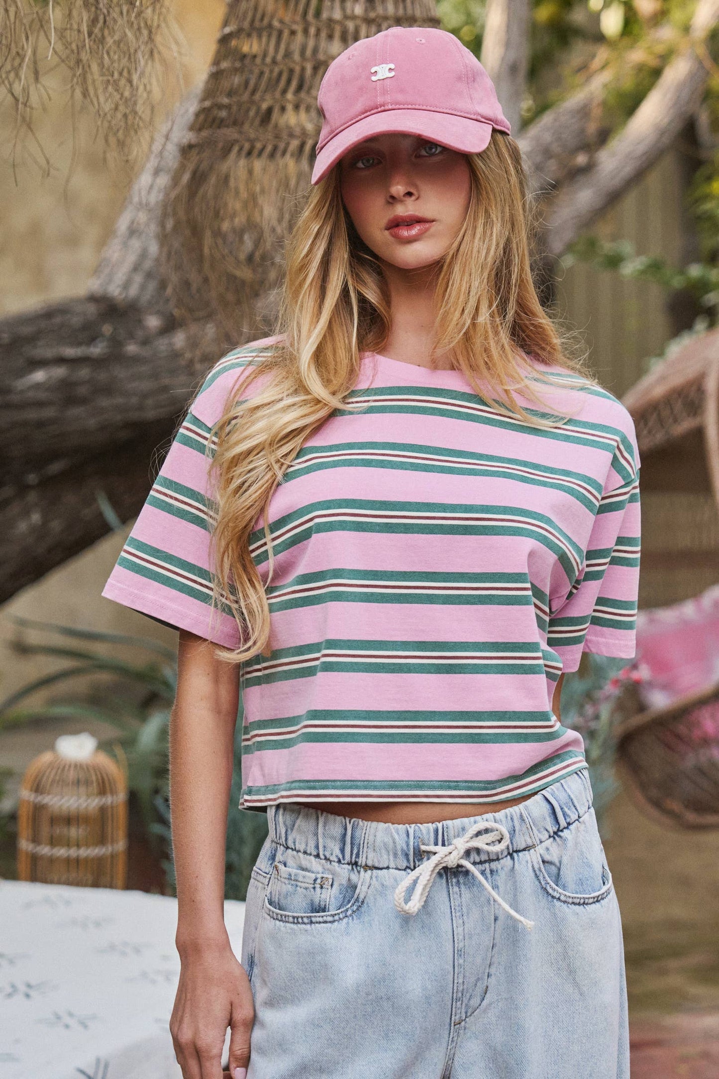 Urban Daizy - Vintage Washed Striped Cotton Crop Tee
