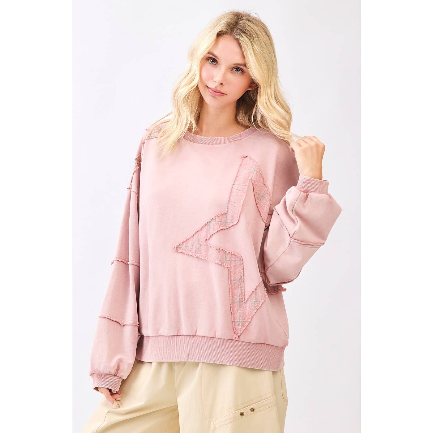 mittoshop - STAR PATCHWORK MINERAL WASH LONG SLEEVE SWEATSHIRT