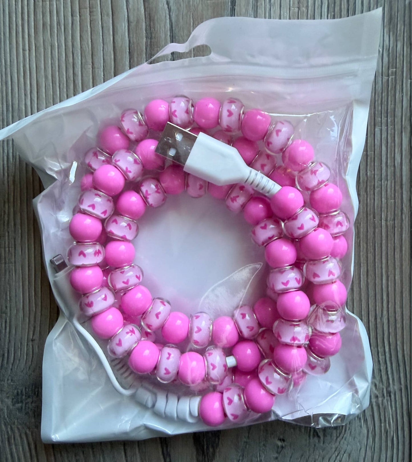 Pink Hearts Beaded Phone Charger with Lightning & USB-C