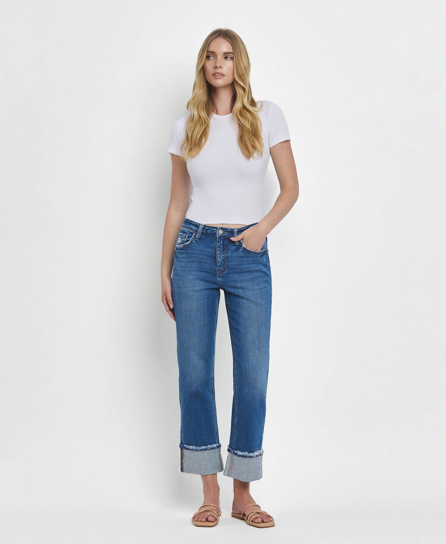 HIGH RISE CUFFED STRAIGHT JEANS T6600