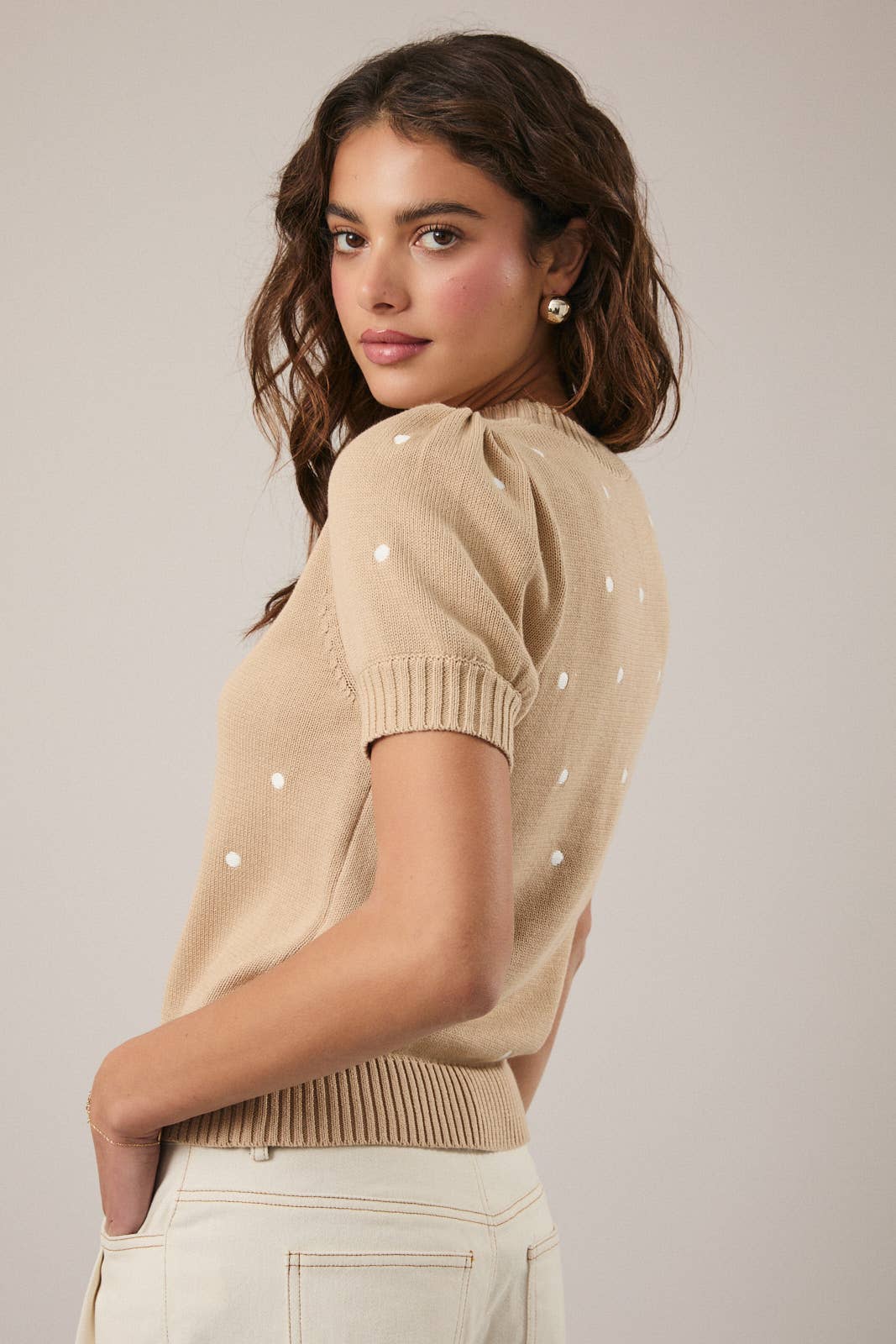 Sunday Edition - ROUND NECK PUFF SHORT SLEEVE "POLKA DOT" EMBROIDERED SWEATER