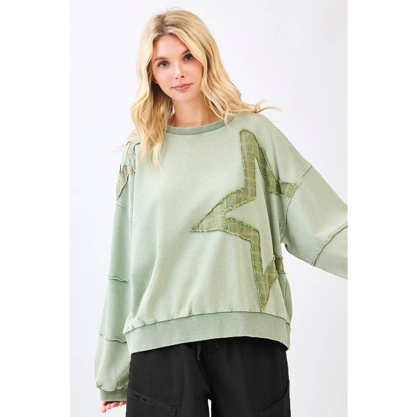 mittoshop - STAR PATCHWORK MINERAL WASH LONG SLEEVE SWEATSHIRT