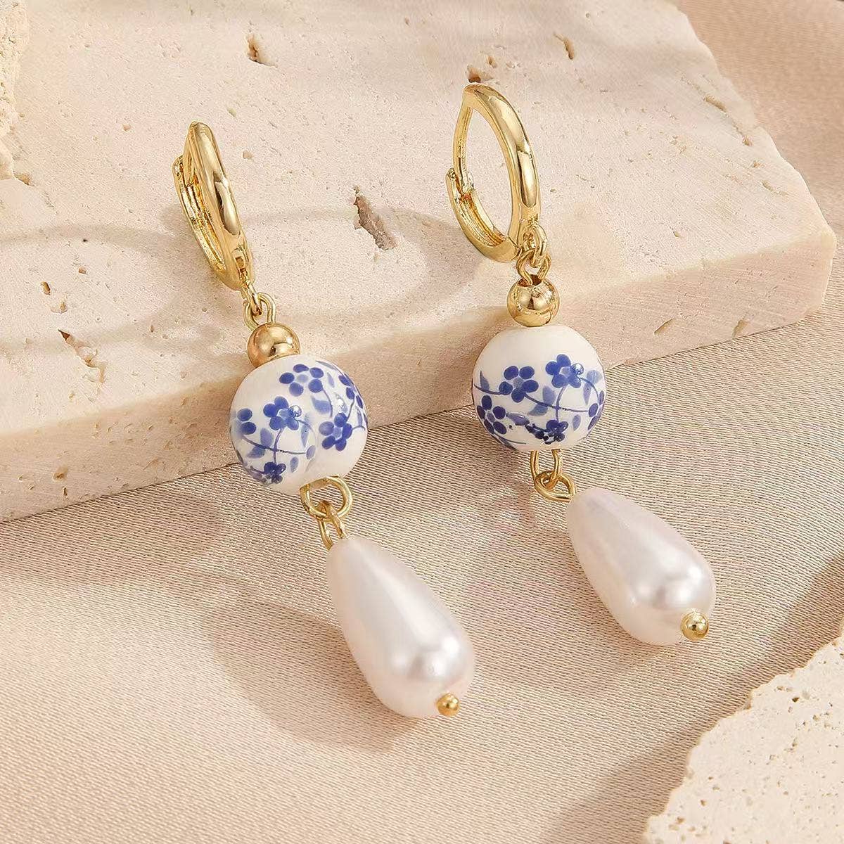 Purple Myrtle - Drop and Dangle Pearl and Chinoiserie Style Earrings