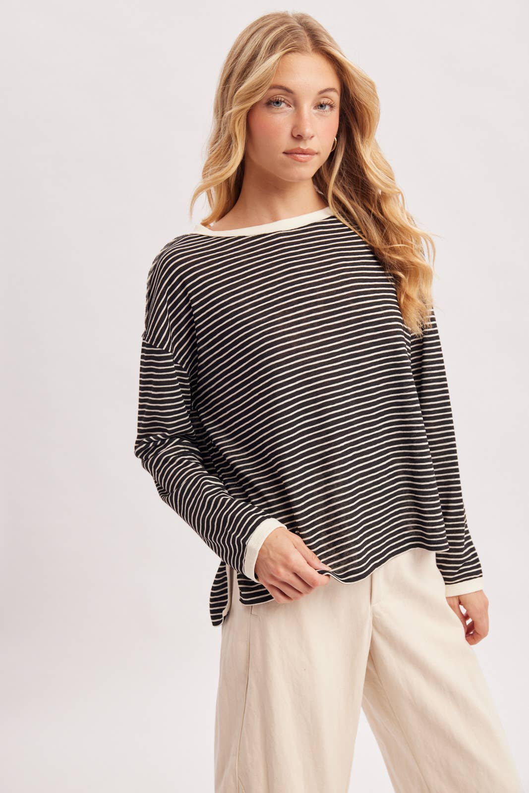 OVERSIZED BOXY STRIPED KNIT LONG SLEEVE TOP
