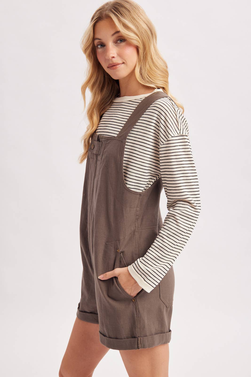 ZIPPER FRONT SNAP BUTTON SQUARE NECK SHORTALLS