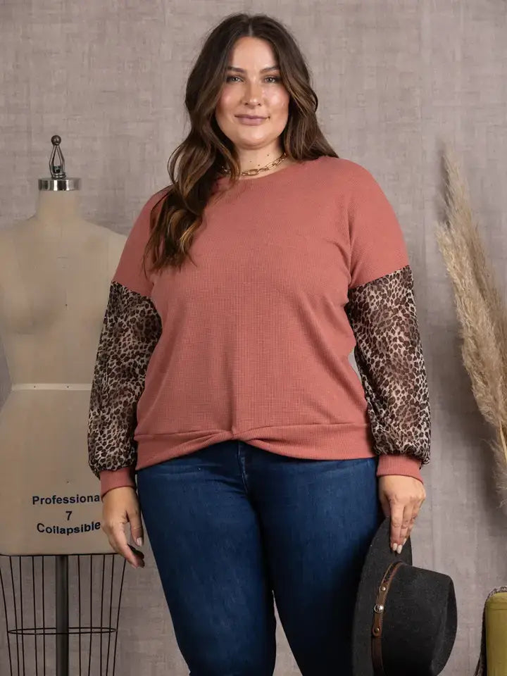 MAUVE ANIMAL PRINT RIB STITCH CONTRAST PLUS SIZE TOP