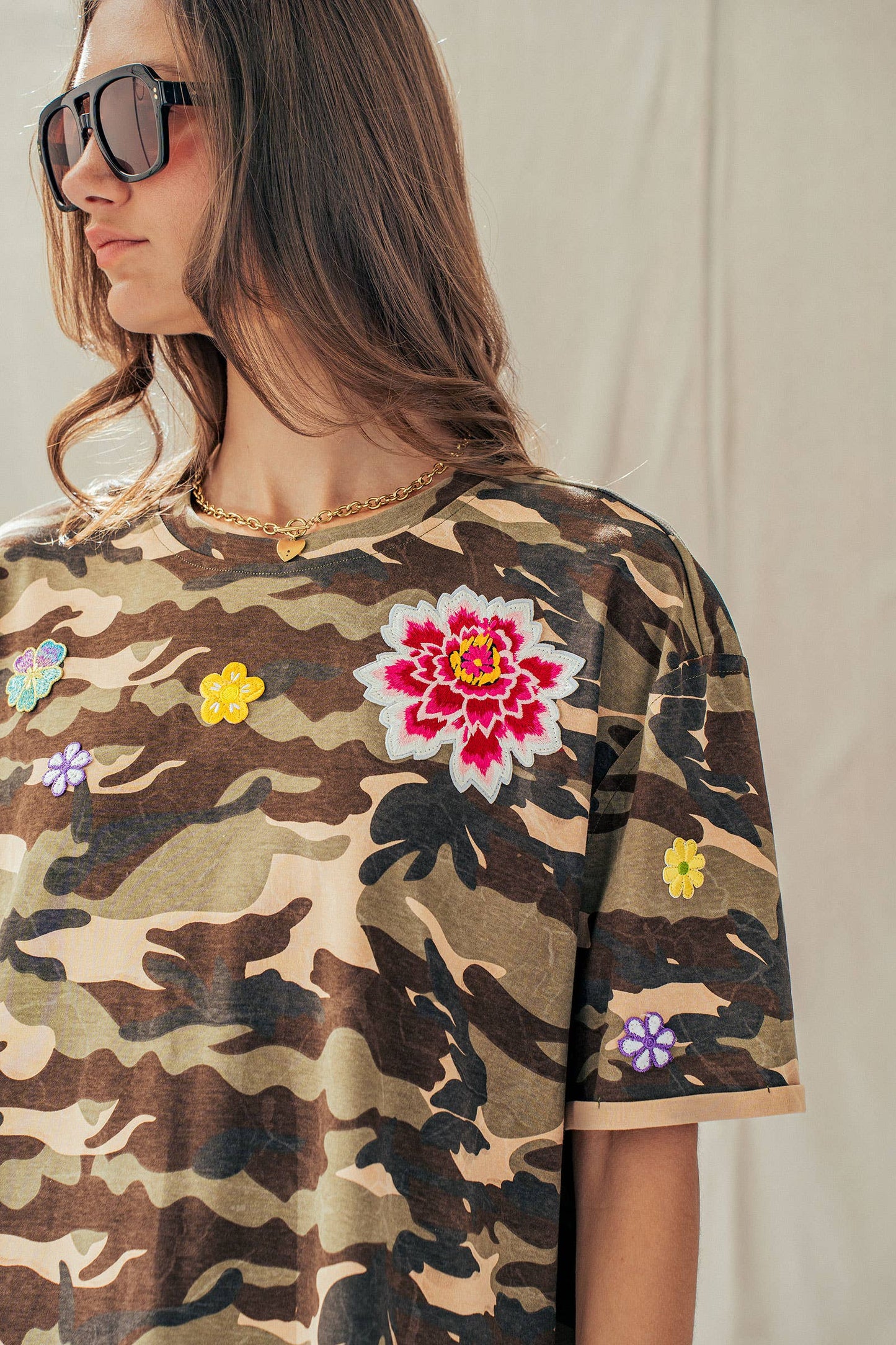 Camo Floral Patch Oversized Cotton Tee