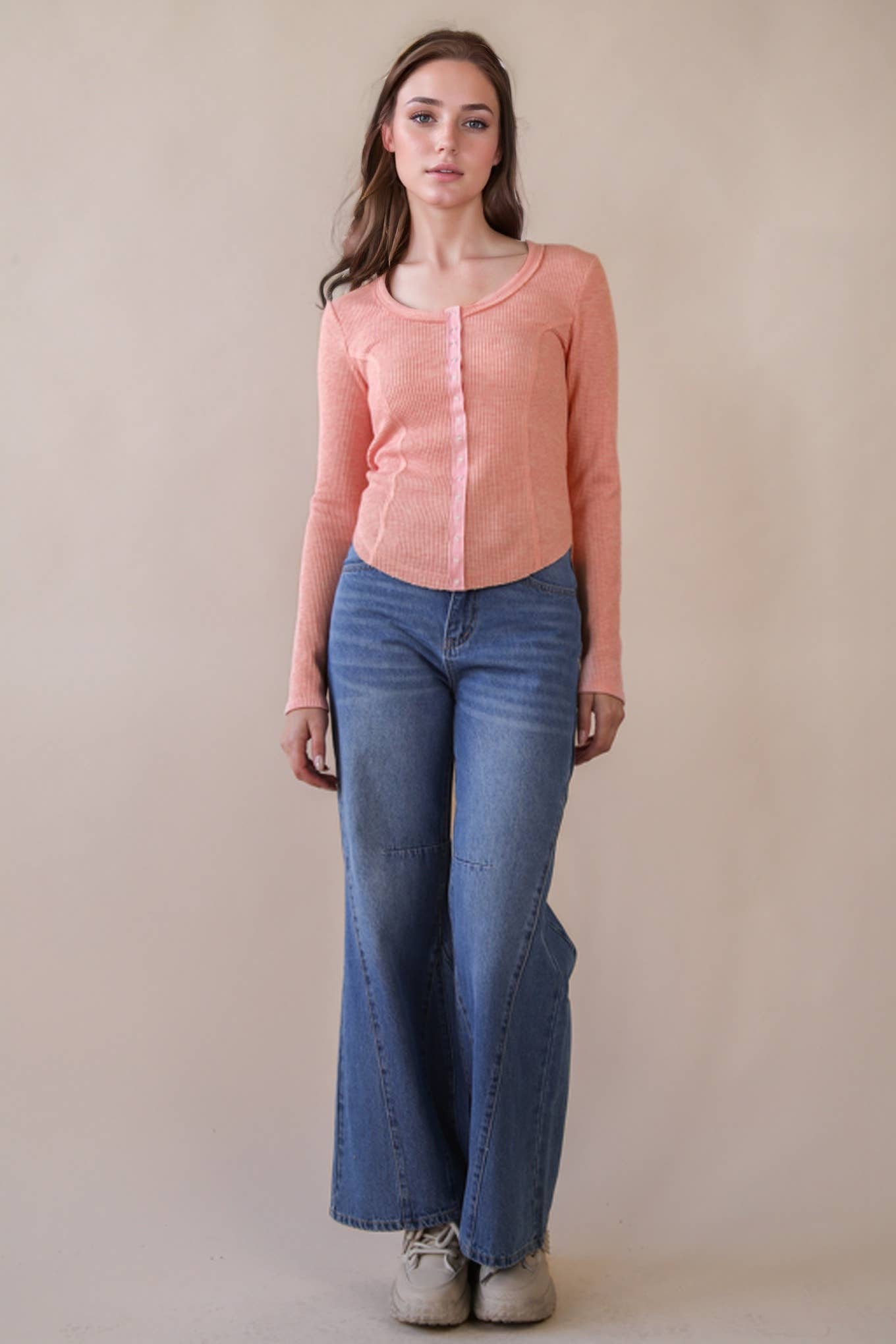 NT12243-Button Down Fitted Knit Casual Top