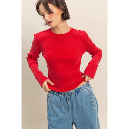 Mineral Wash Waffle Knit Long Sleeve Top
