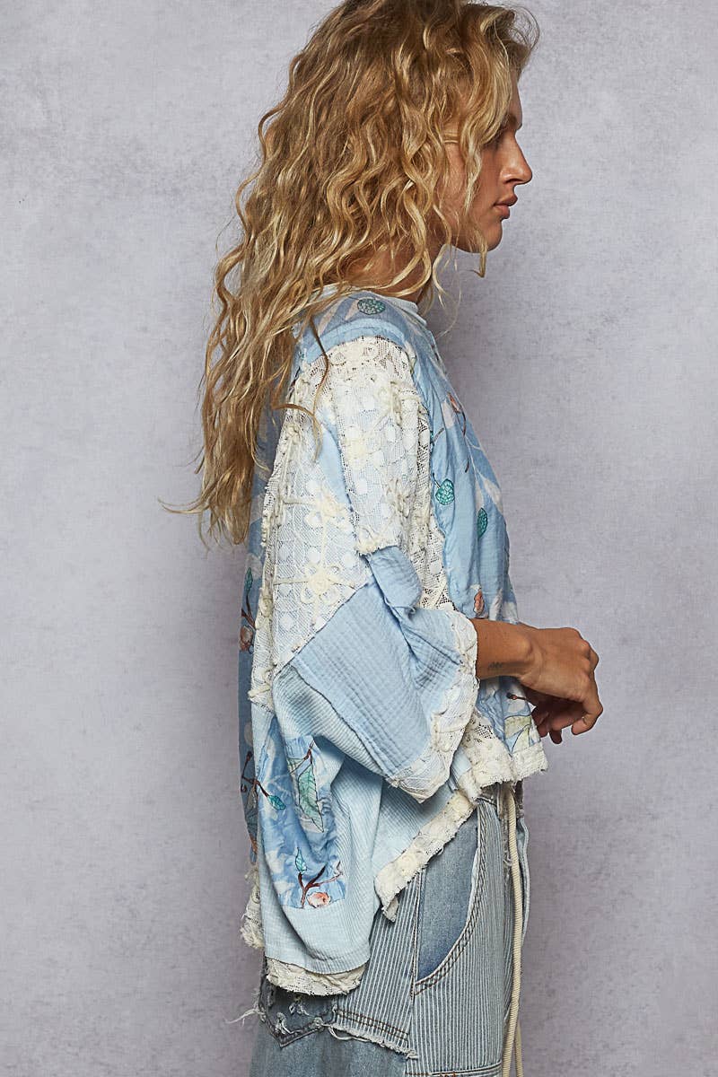 Round Neck Double Gauze Floral Woven Top