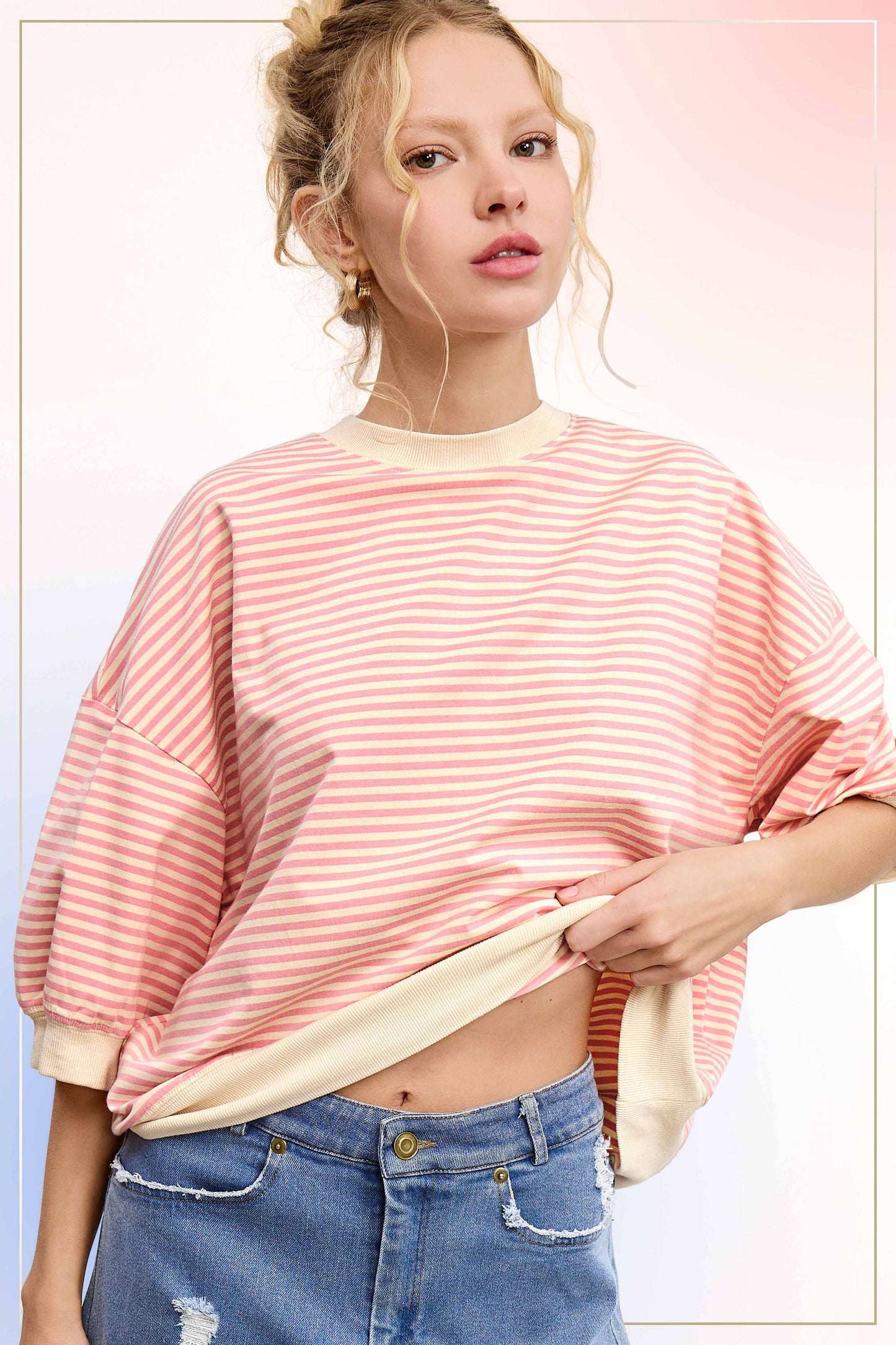 MCT7688-Loose Fit Striped Short Sleeve Crew Neckline Top
