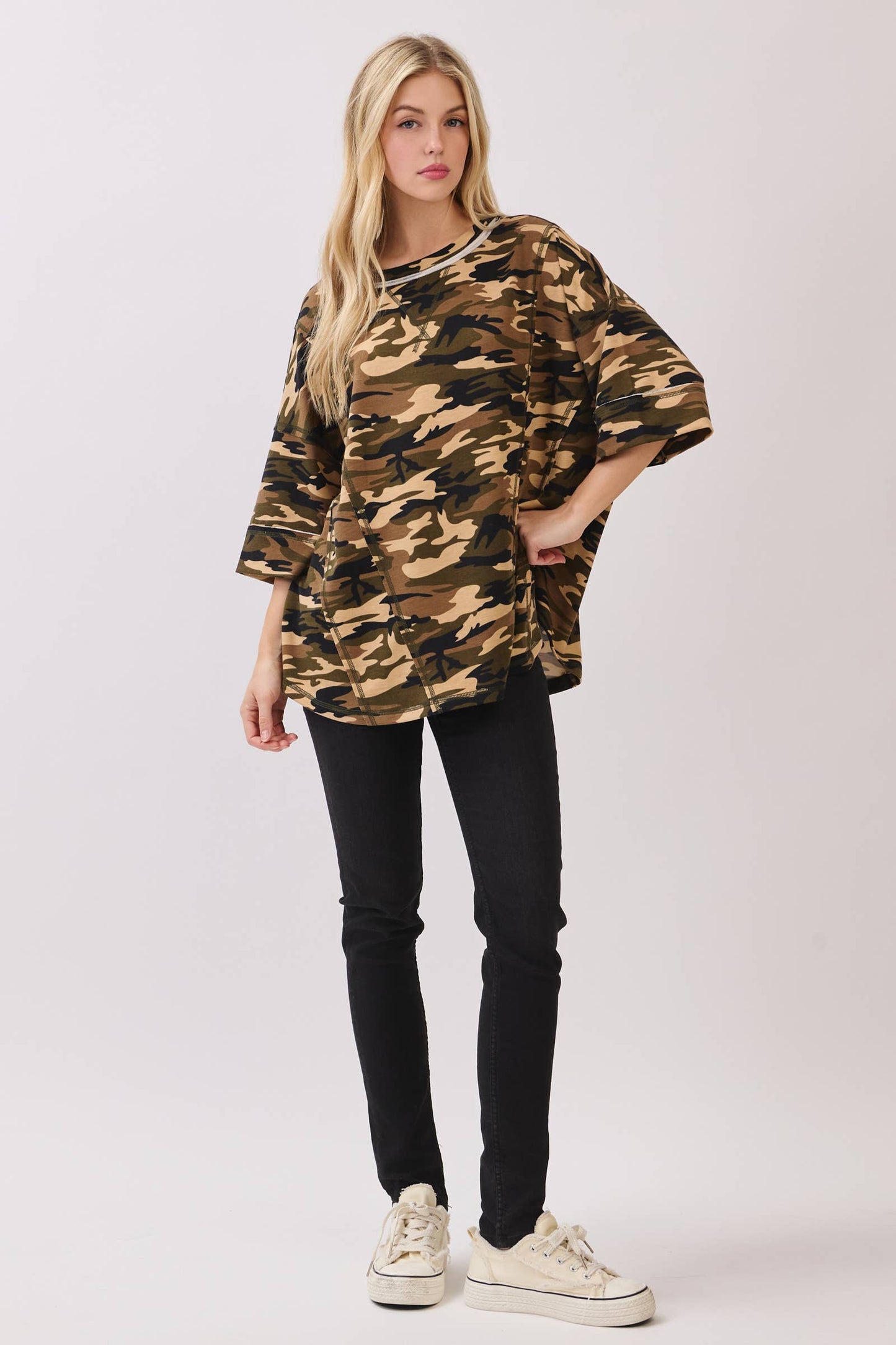 Relaxed Camo Stitch Detail Top