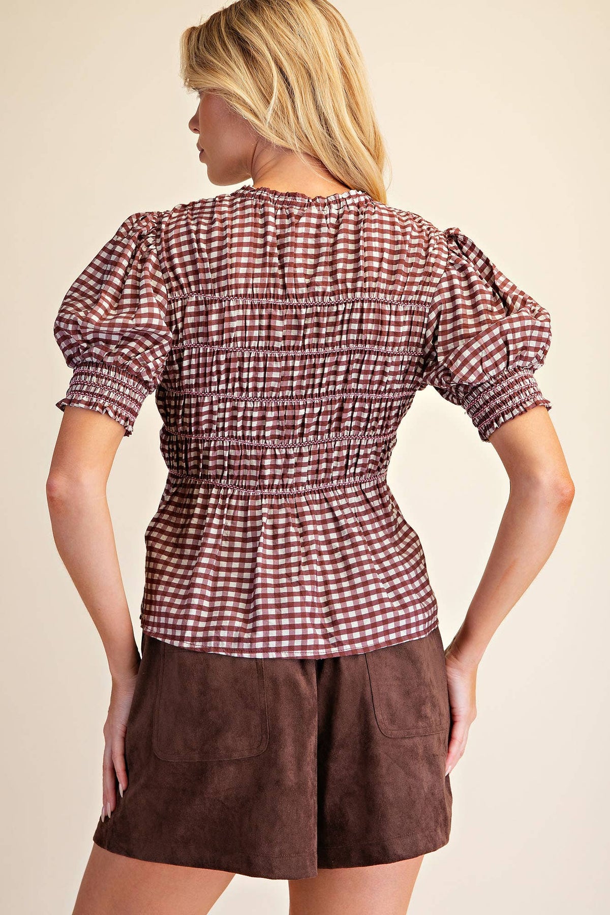 Glam - Plaid Smocked Puff Sleeve Shirt