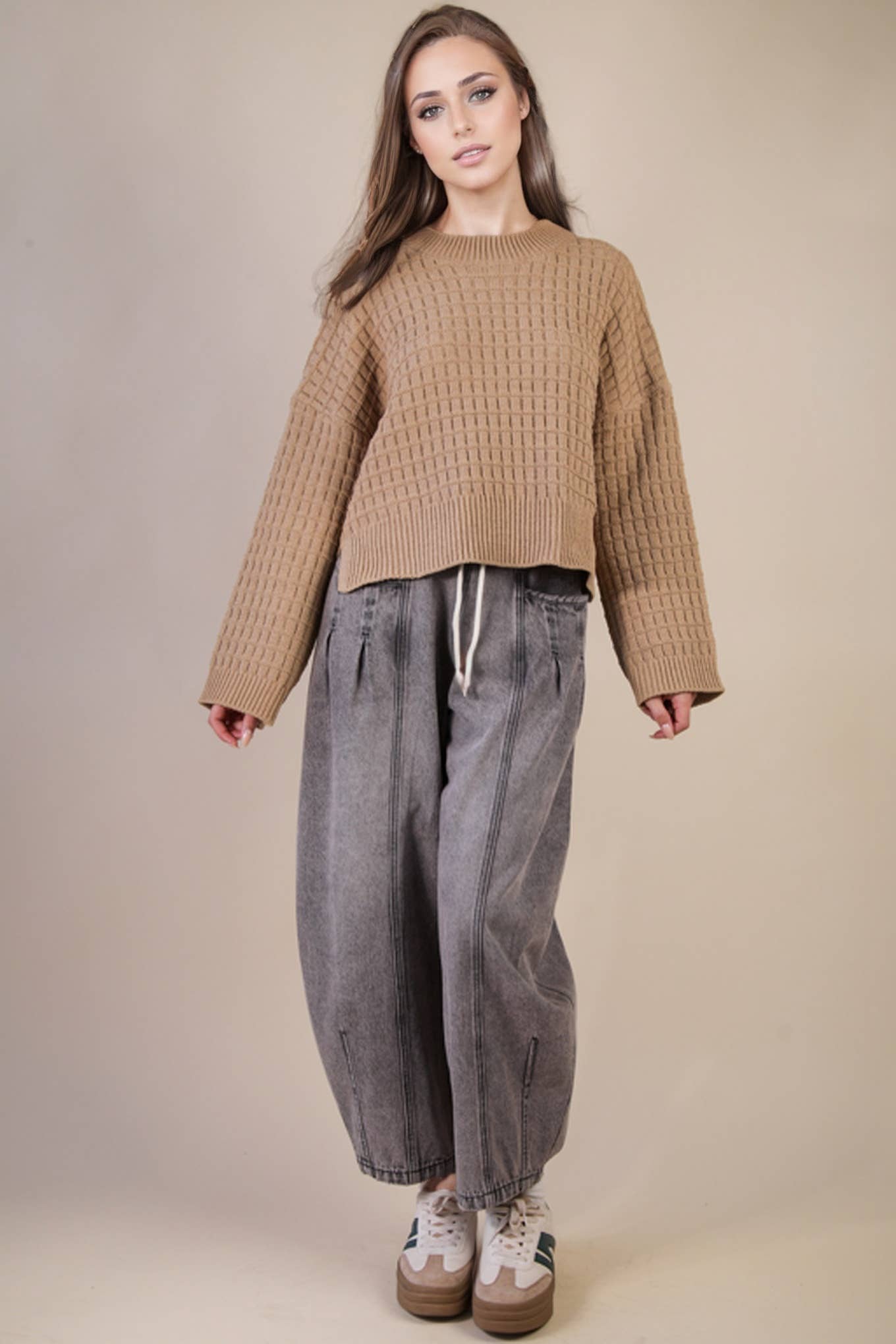 12W3518N-Oversized Textured Solid Casual Knit Sweater Top