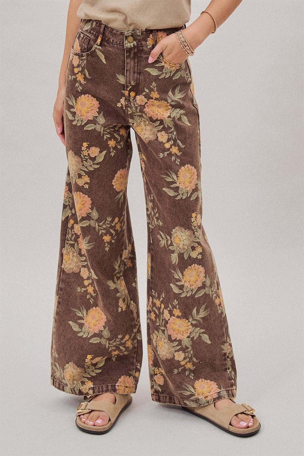 Urban Daizy - Vintage Botanical High-Rise Wide Leg Denim