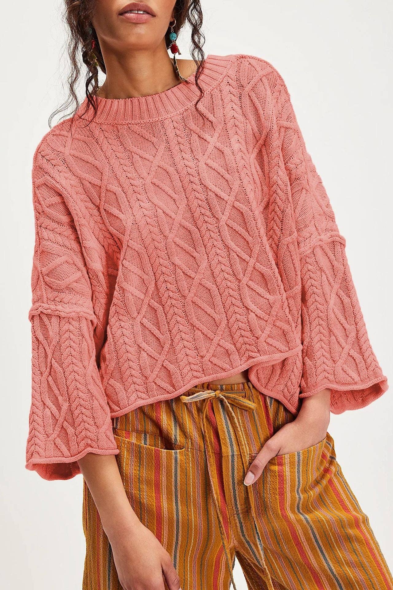 Chunky Cable Knit Crop Sweater–Loose Boho Crewneck Pullover