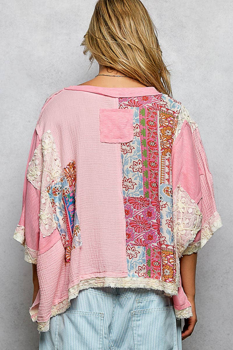 Round Neck Double Gauze Floral Woven Top