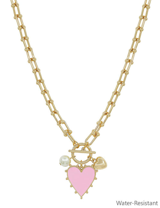 What's Hot - Gold Chain Necklace with Pink Studded Heart Charm 16"-18" Necklace
