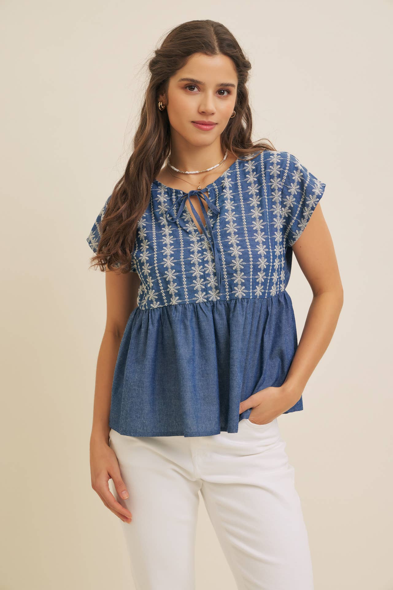 EMBROIDERY BABYDOLL DENIM BLOUSE TOP WITH ROUND SPLIT NECK